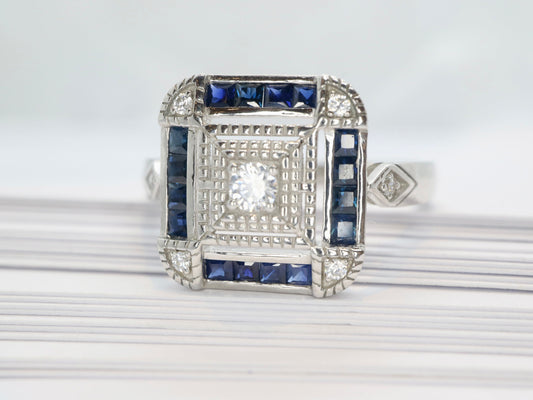 Art Deco sapphire ring in white gold setting with moissnaite in square design-Vintage inspired jewellery, Vintage ring