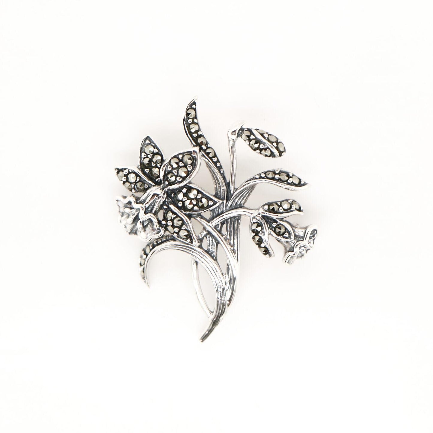 Trumpet Flower Brooch with Marcasite in Sterling Silver
