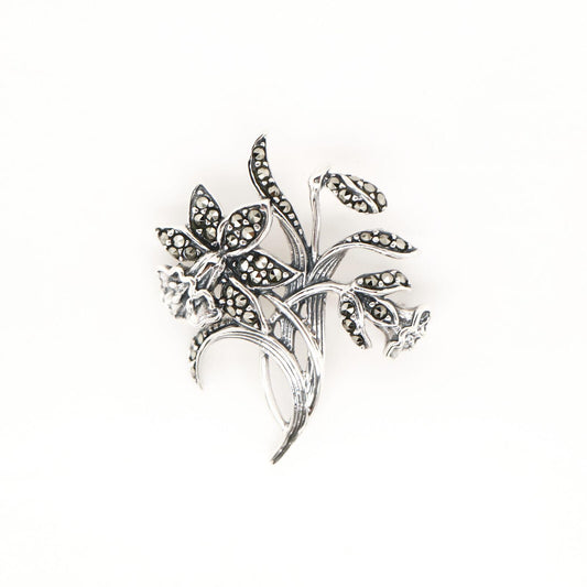 Trumpet Flower Brooch with Marcasite in Sterling Silver