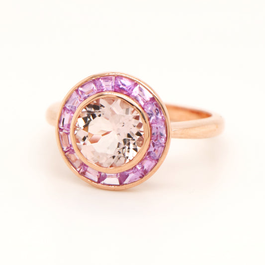 Peach Morganite & Pink Sapphire Halo Ring - 14K Rose Gold