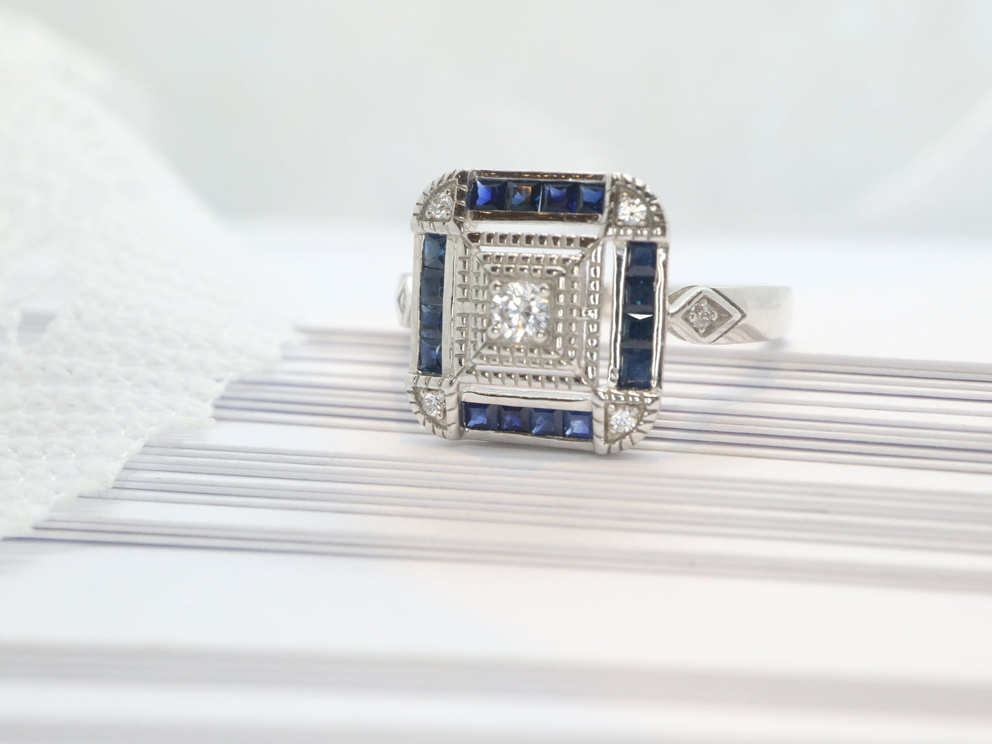 Art Deco sapphire ring in white gold setting with moissnaite in square design-Vintage inspired jewellery, Vintage ring