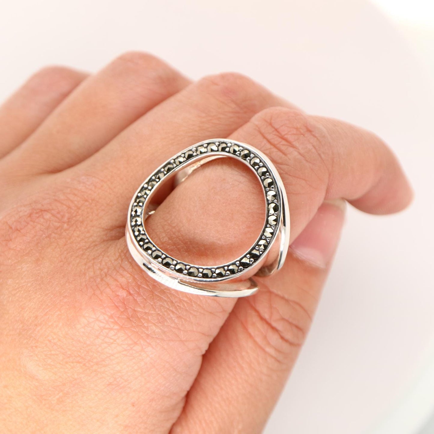 Tri-hoop Ring with Marcasite in Sterling Sliver