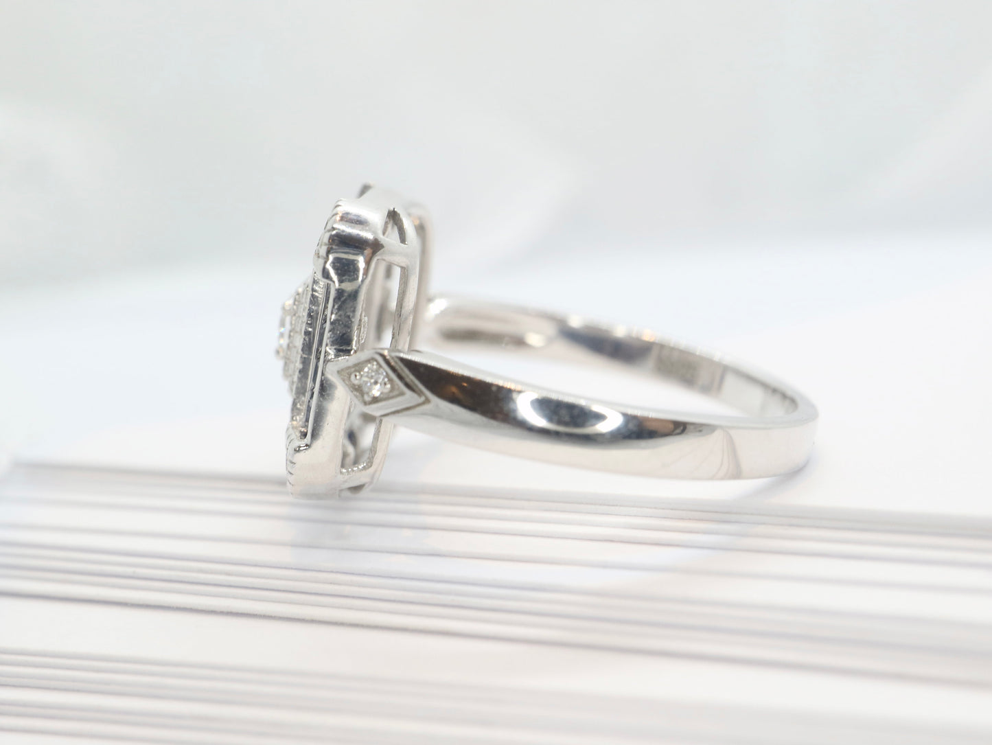 Art Deco sapphire ring in white gold setting with moissnaite in square design-Vintage inspired jewellery, Vintage ring