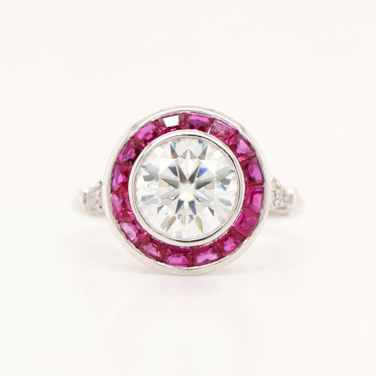Vintage gold and natural ruby  halo ring with moissanite centre stone, Natural ruby halo ring