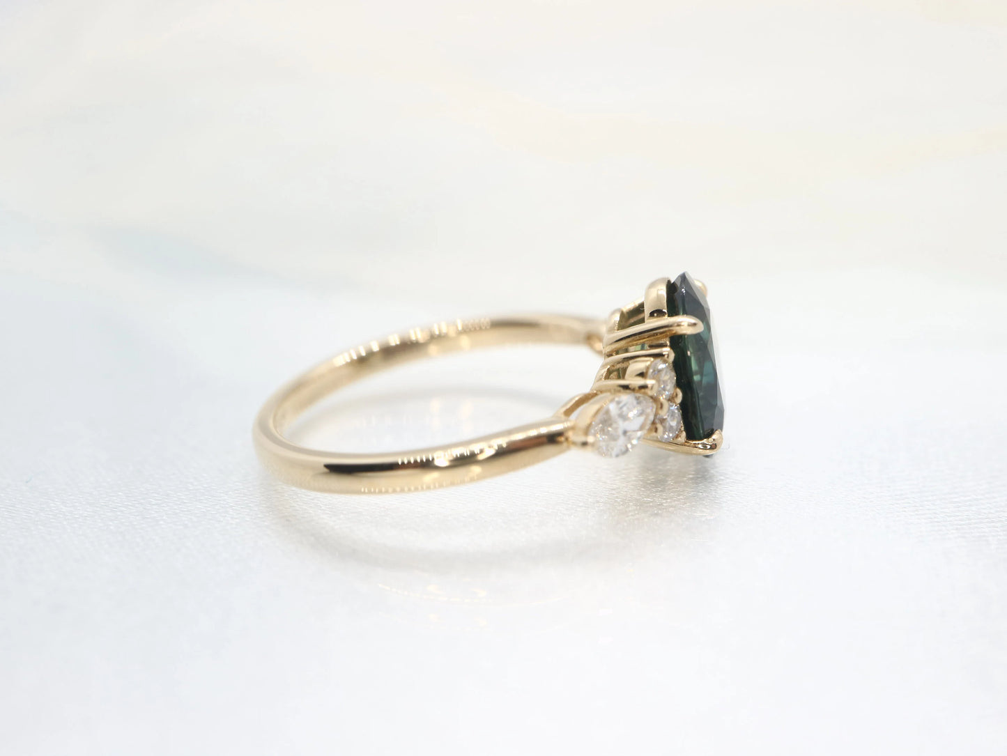 Yellow gold sapphire and diamond ring, oval cut natural parti-sapphire ring, bulish green sapphire engagement ring