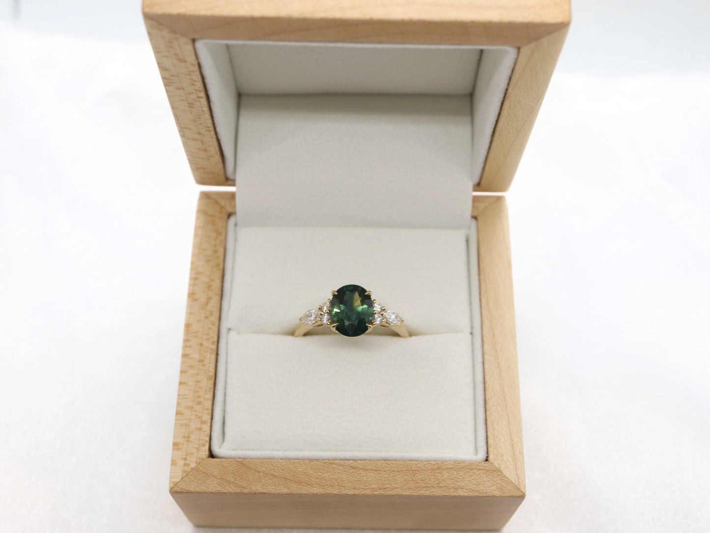 Yellow gold sapphire and diamond ring, oval cut natural parti-sapphire ring, bulish green sapphire engagement ring