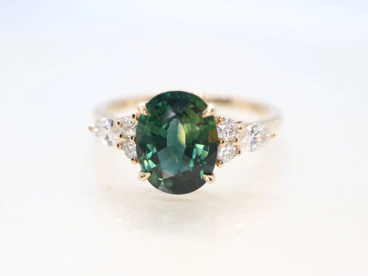 Yellow gold sapphire and diamond ring, oval cut natural parti-sapphire ring, bulish green sapphire engagement ring