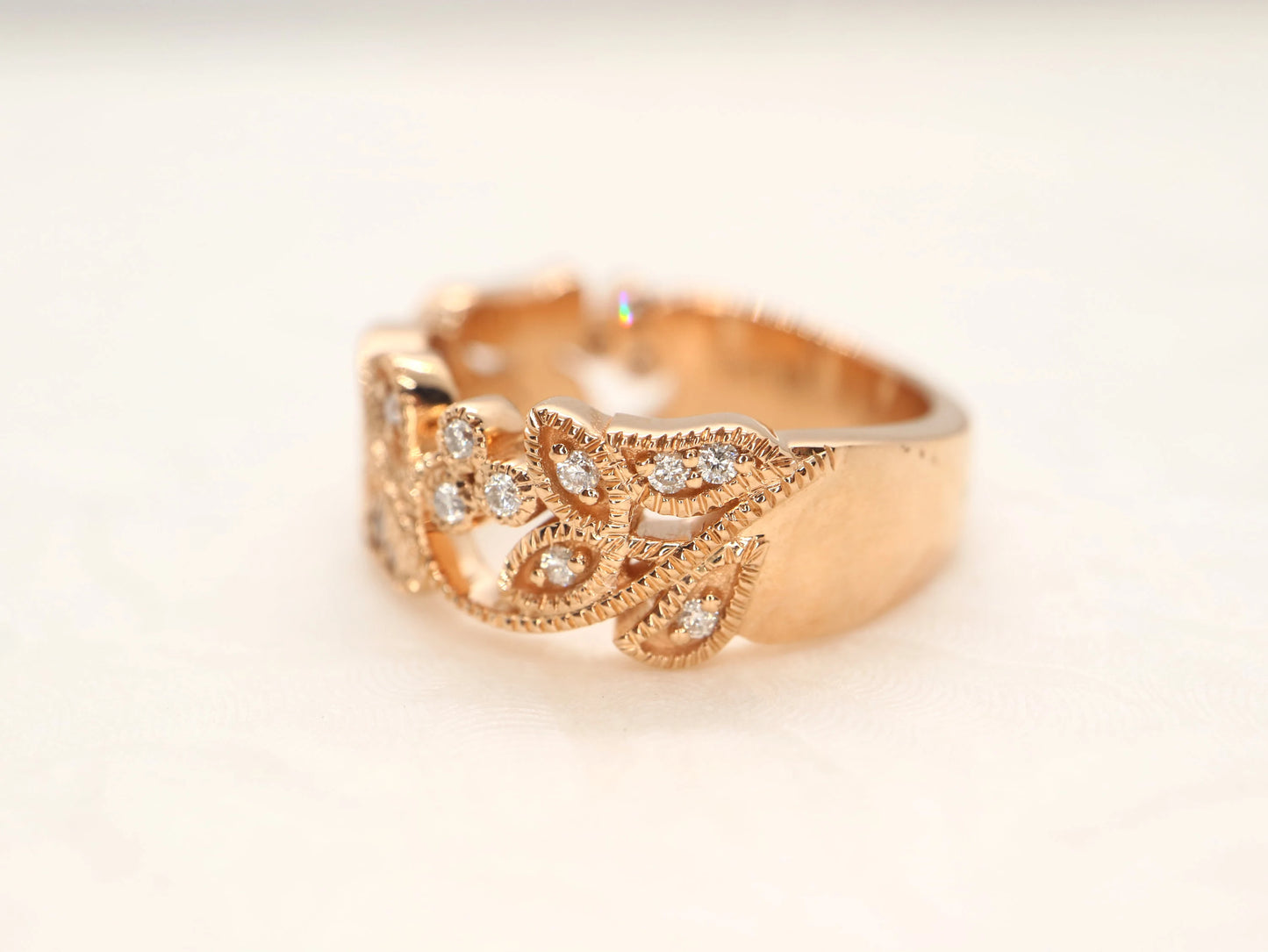 Vine and leaf rose gold diamond ring - Filigree diamond ringGold floral wedding band for women, Vintage style wedding ring