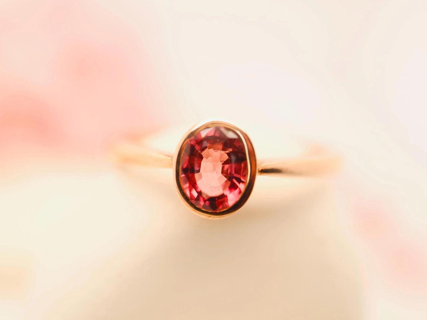 Natural oval tourmaline ring in bezel setting, Rose gold stacking ring in red gemstone