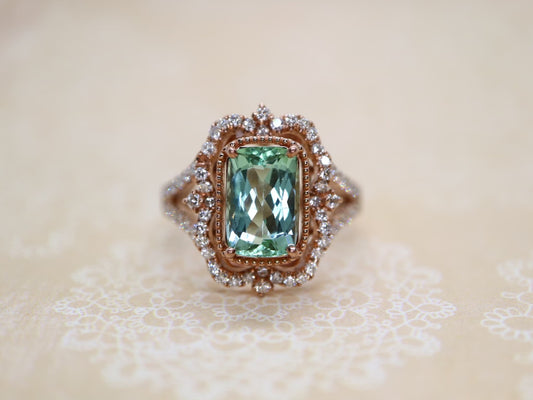 Art Deco Green Tourmaline and Diamond Engagement Ring in Rose Gold-Emerald cut