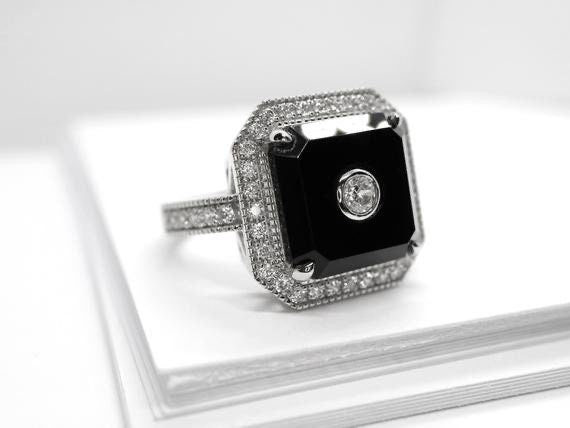Art deco black onyx ring in Sterling silver and CZ - Black onyx Art deco ring