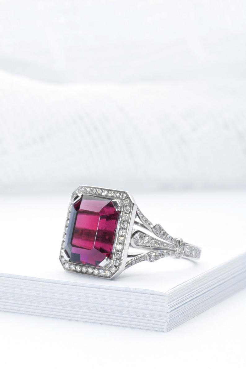 White gold and diamond cocktail ring with emerald cut raspberry African Rhodolite Garnet in cathedral setting, Emerald cut Art Deco ring