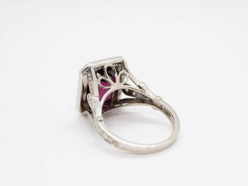 White gold and diamond cocktail ring with emerald cut raspberry African Rhodolite Garnet in cathedral setting, Emerald cut Art Deco ring