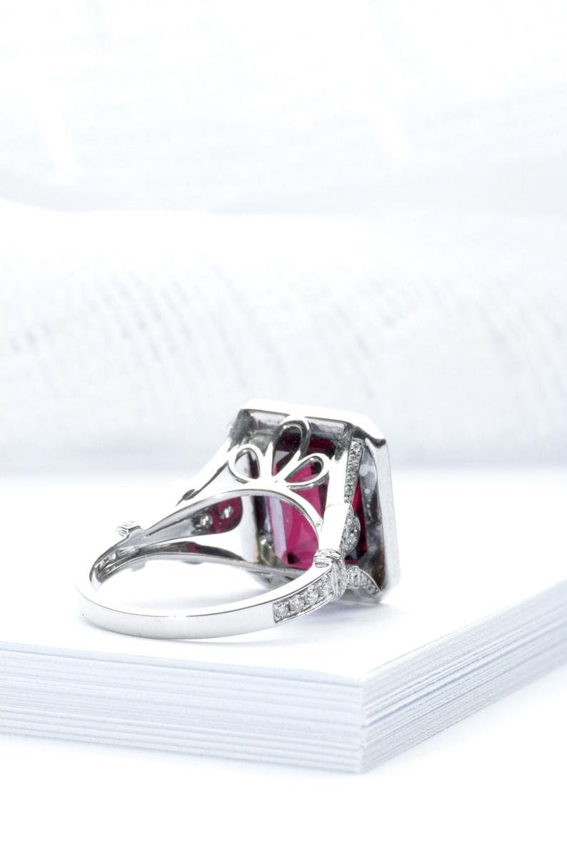 White gold and diamond cocktail ring with emerald cut raspberry African Rhodolite Garnet in cathedral setting, Emerald cut Art Deco ring