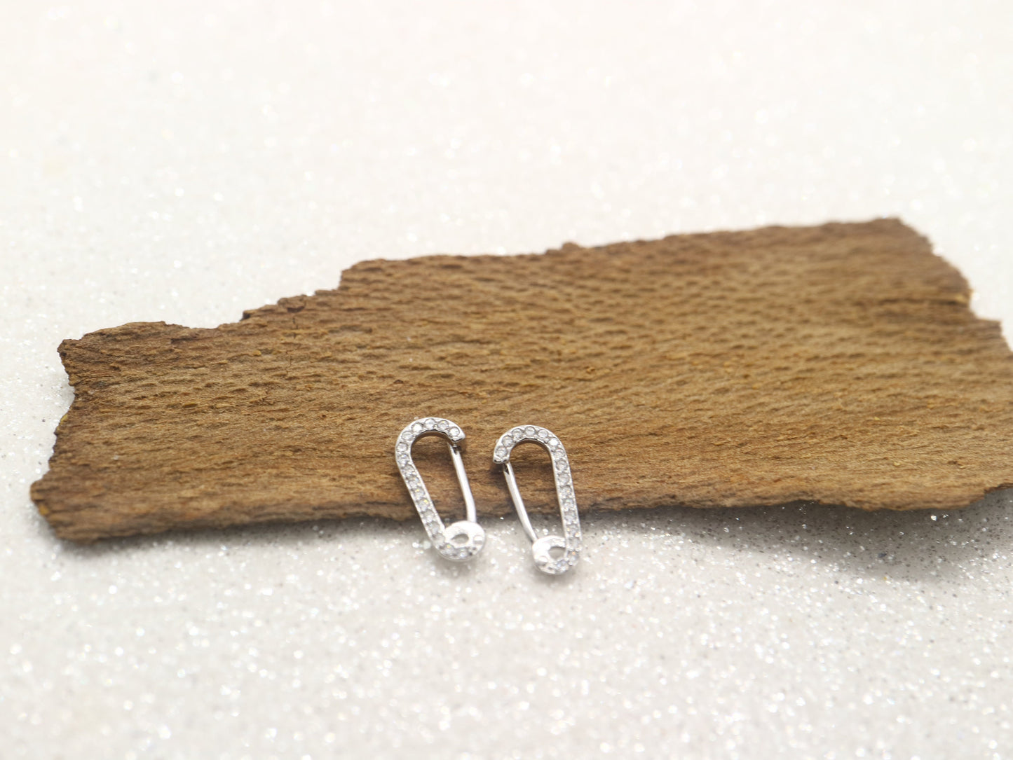 Sterling silver safe pin earring, white gold plated earring