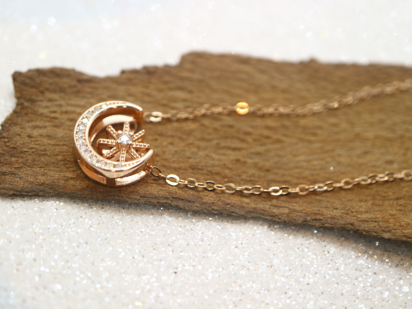Sterling silver star moon necklace, Rose gold plated necklace