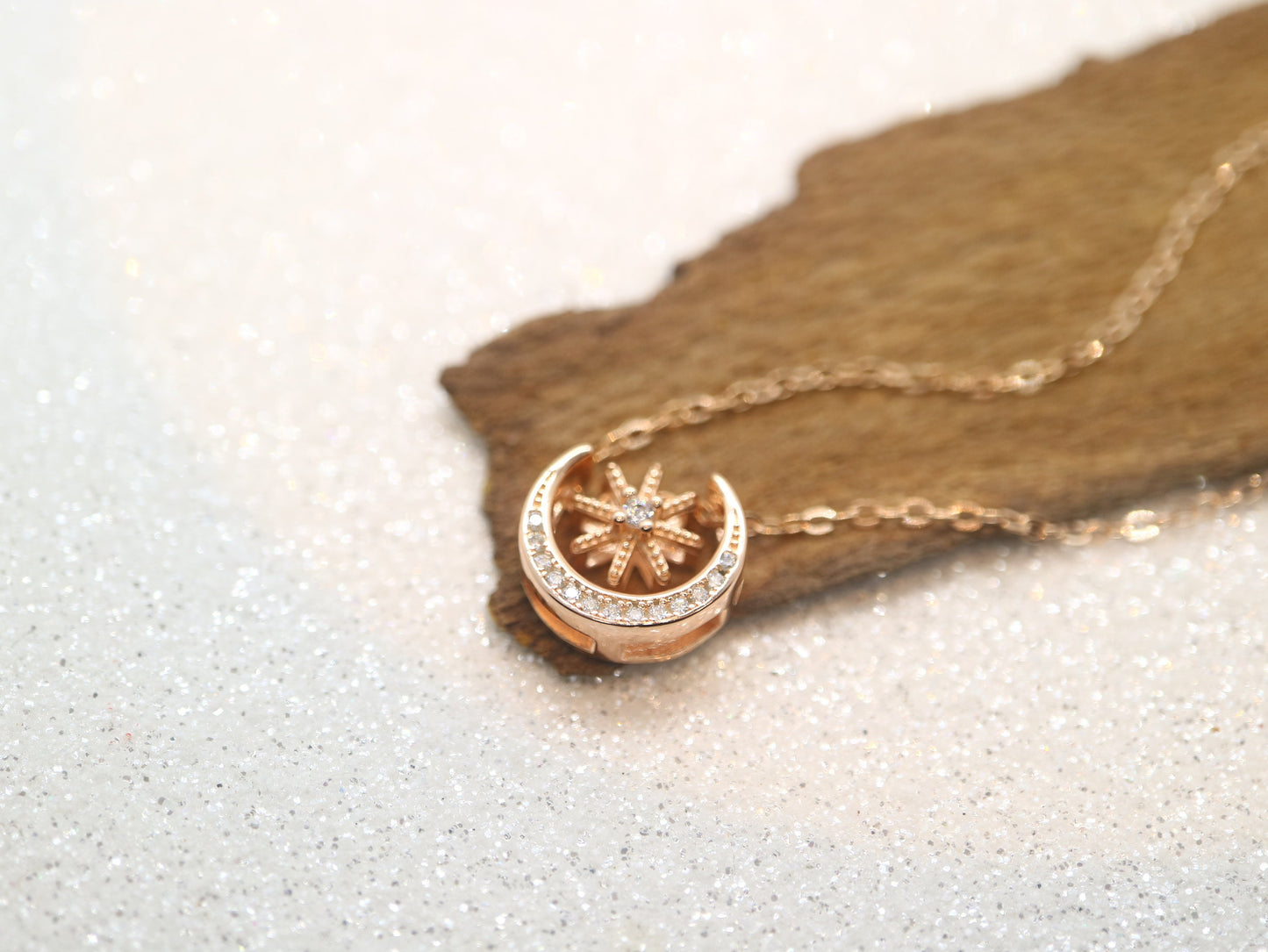 Sterling silver star moon necklace, Rose gold plated necklace