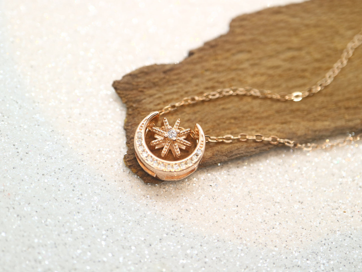 Sterling silver star moon necklace, Rose gold plated necklace
