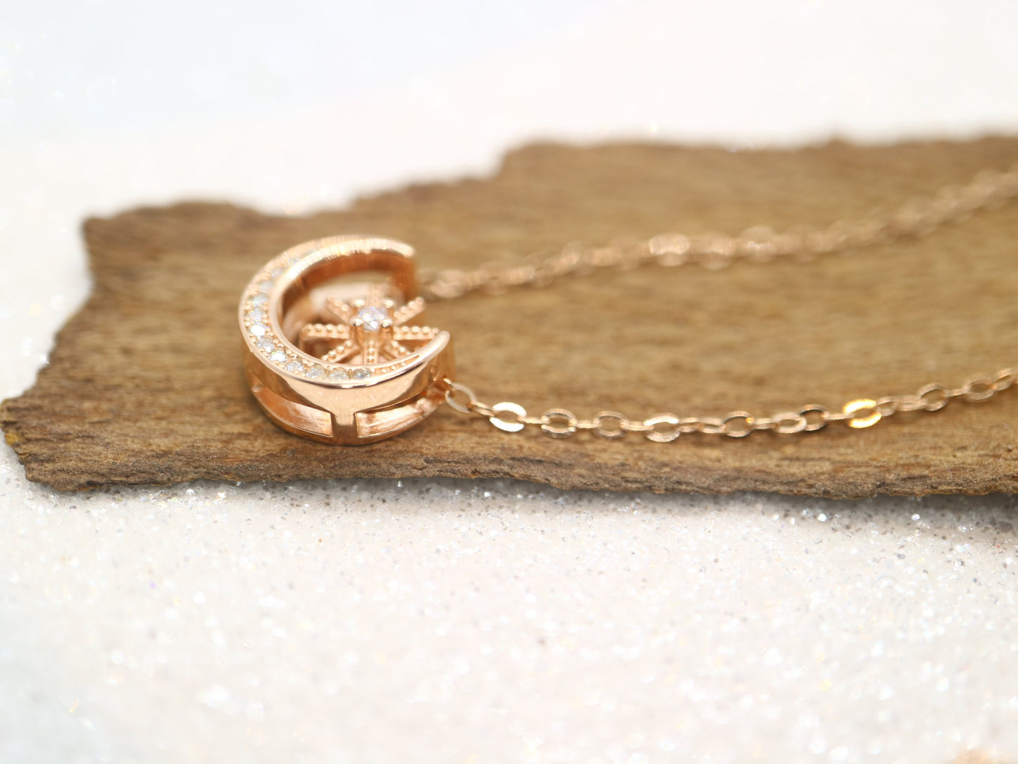 Sterling silver star moon necklace, Rose gold plated necklace